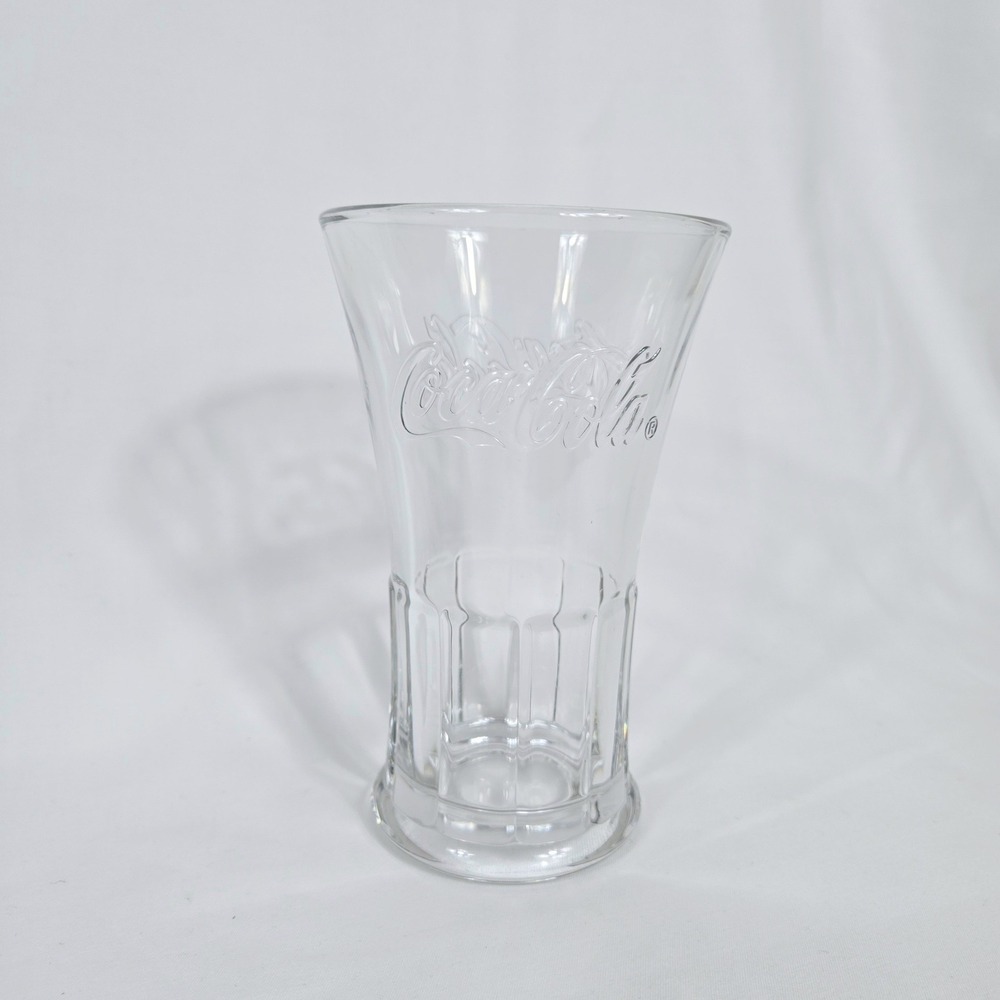 Coca Cola Clear Embossed Logo Flared Heavy Glass Tumbler 16oz Vtg Retro Art Deco